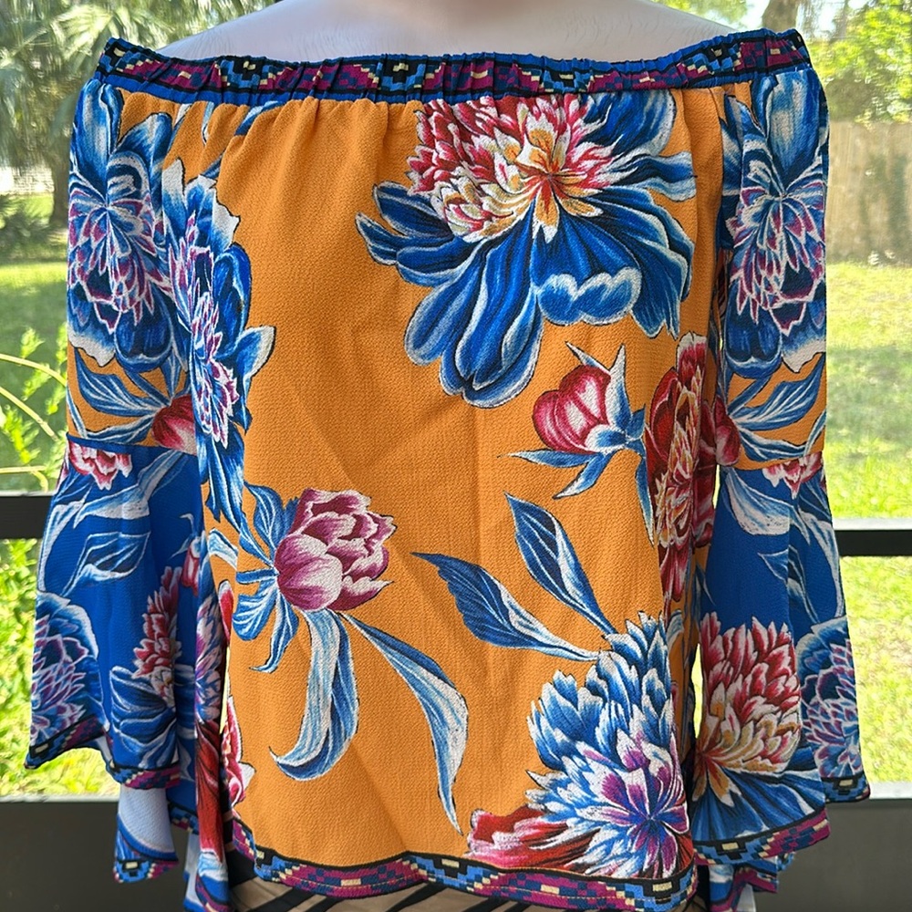 Flying Tomato Floral Off Shoulder Bell Sleeve Boho Blouse Orange Blue S